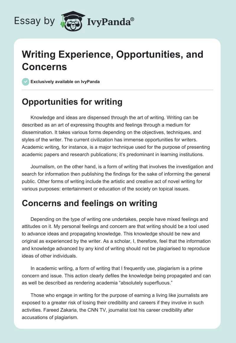 Writing Experience, Opportunities, and Concerns. Page 1