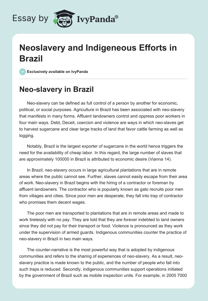 Neoslavery and Indigeneous Efforts in Brazil. Page 1
