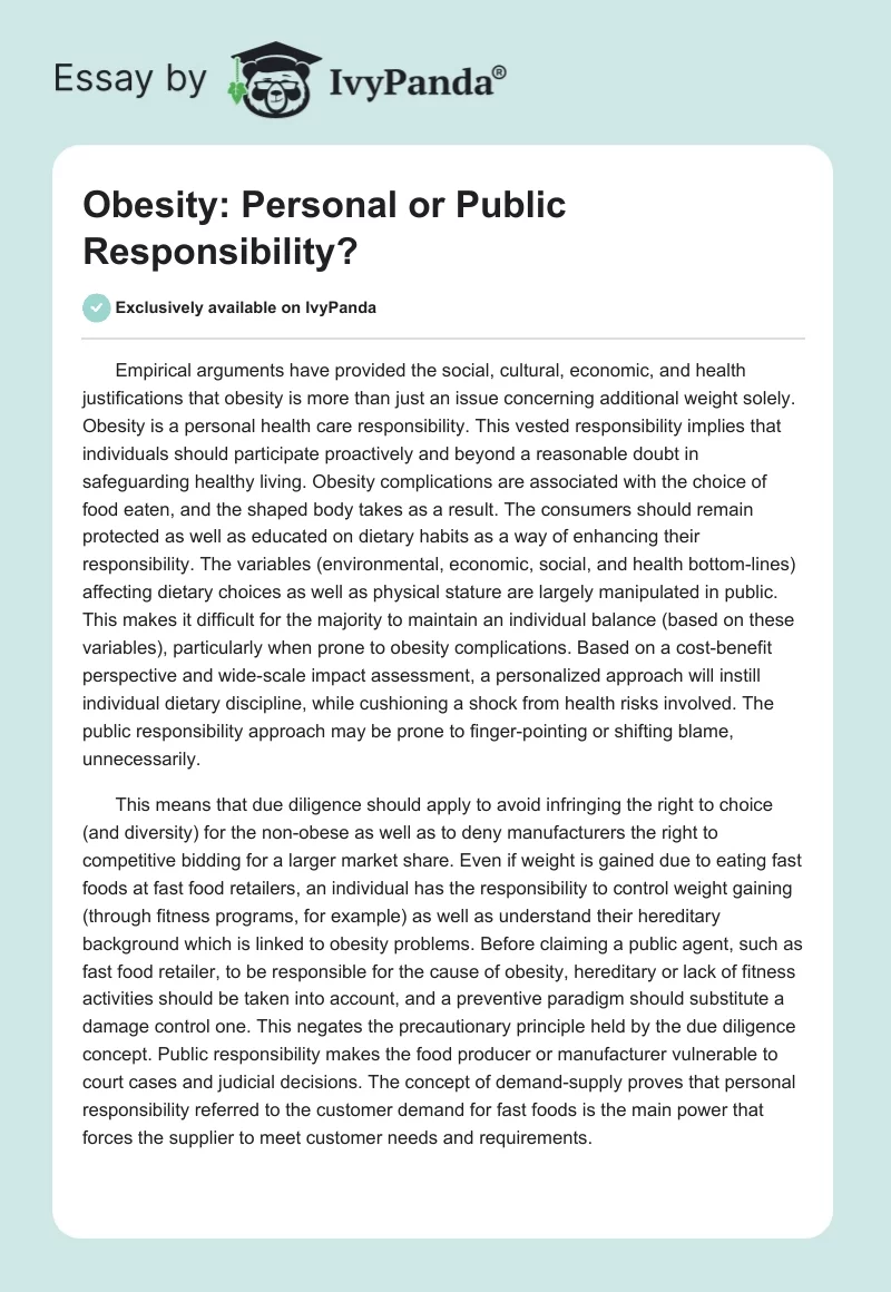 Obesity: Personal or Public Responsibility?. Page 1