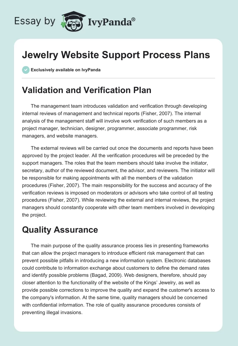 Jewelry Website Support Process Plans. Page 1