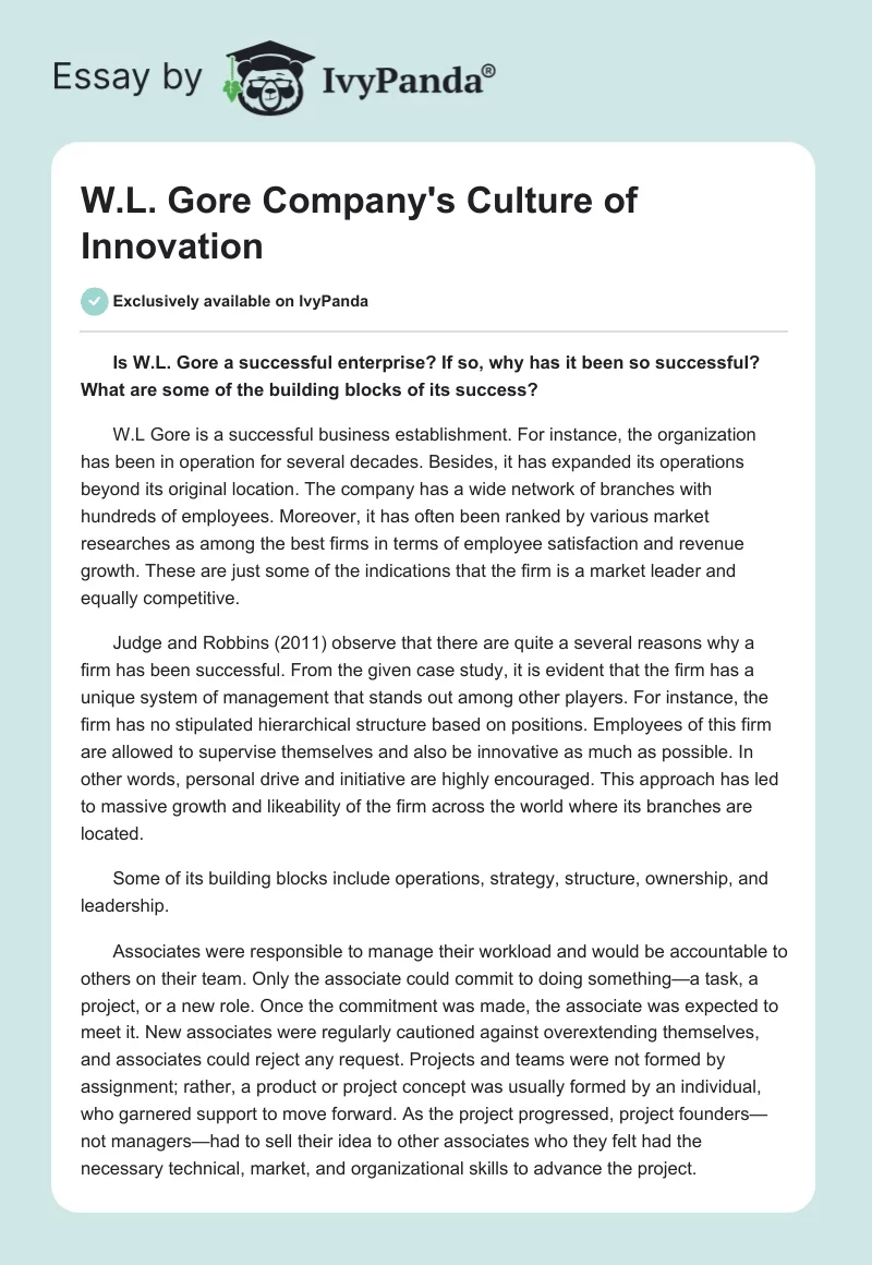 W.L. Gore Company's Culture of Innovation. Page 1