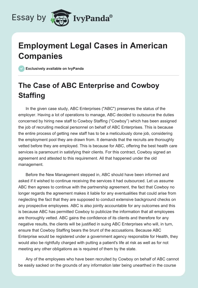 Employment Legal Cases in American Companies. Page 1
