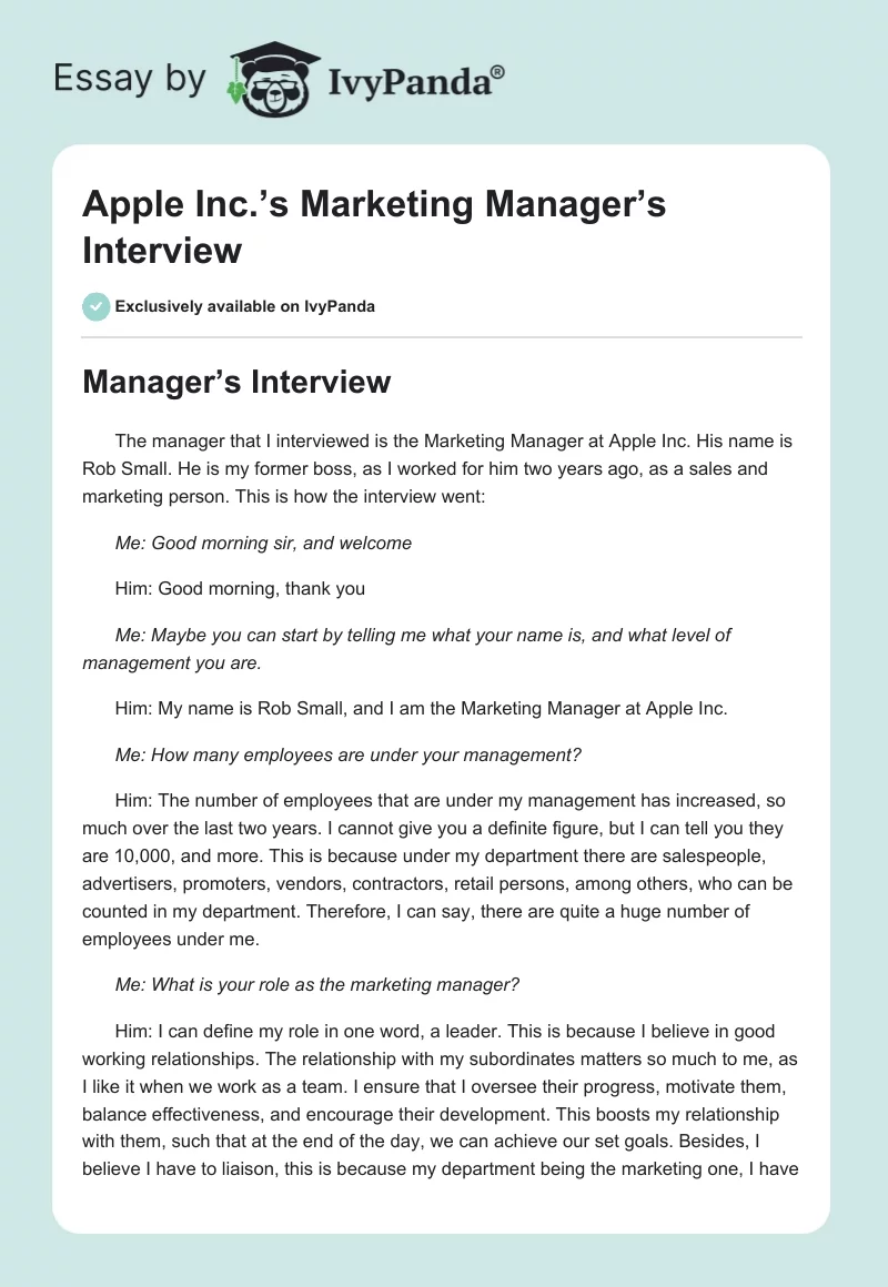 Apple Inc.’s Marketing Manager’s Interview. Page 1
