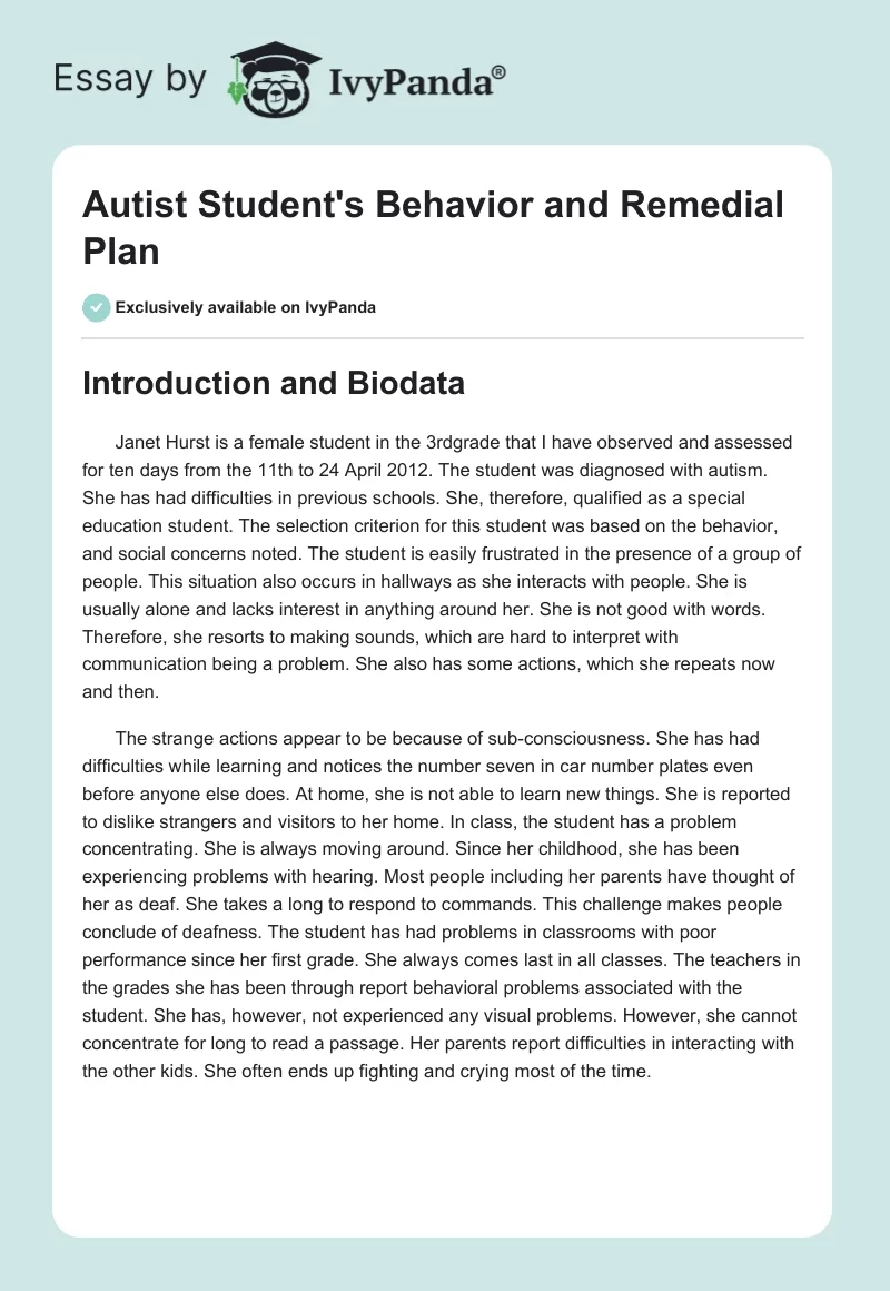 Autist Student's Behavior and Remedial Plan. Page 1