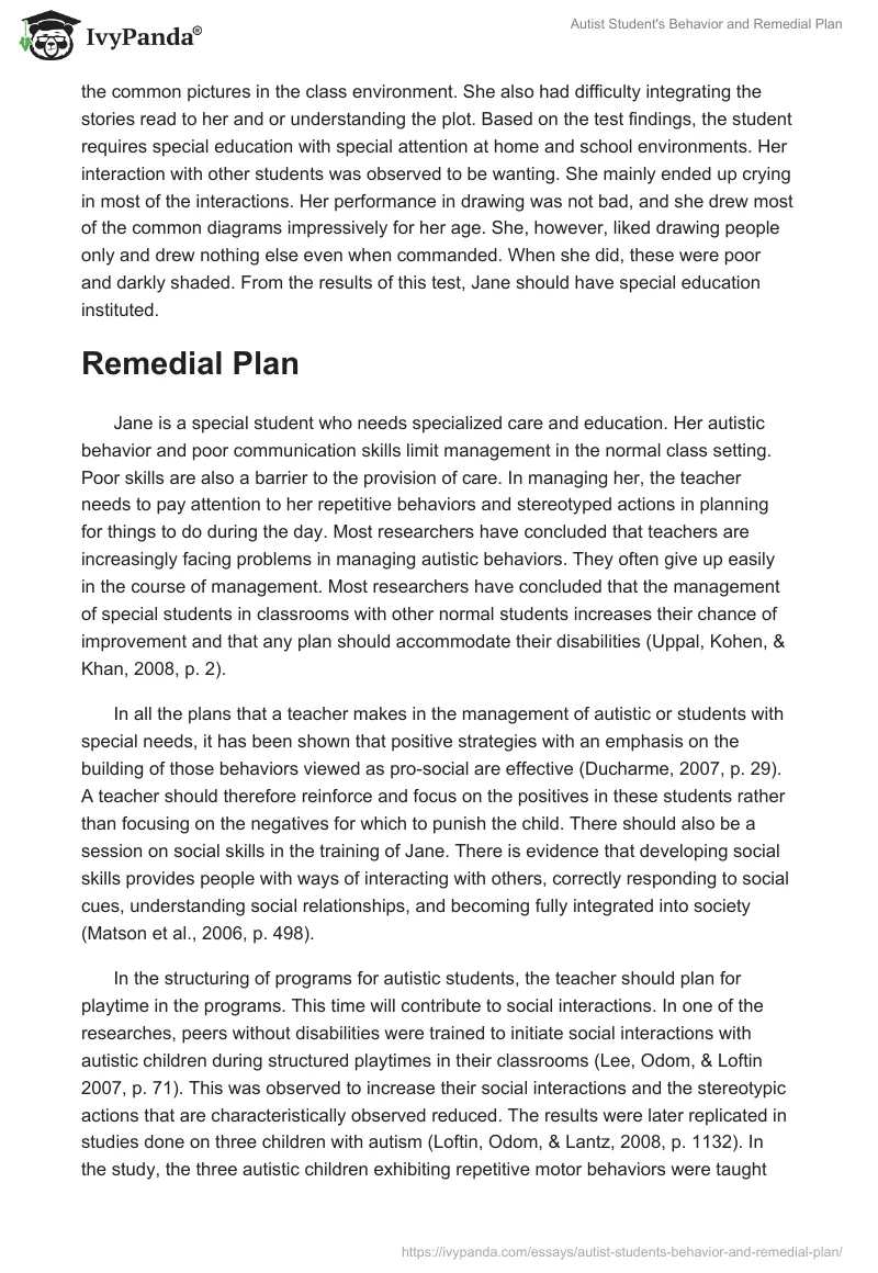 Autist Student's Behavior and Remedial Plan. Page 4