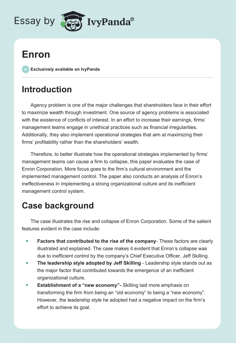 Solutions, Causes, & Conclusion: Enron Case Study. Page 1
