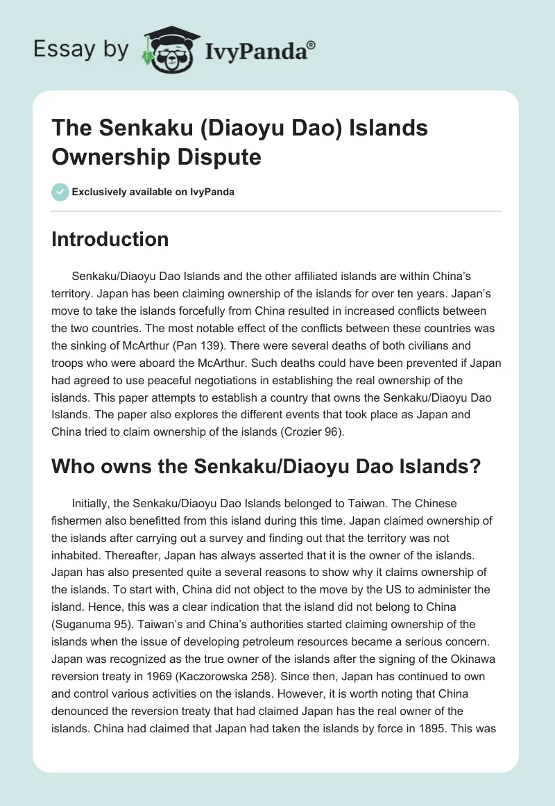 The Senkaku (Diaoyu Dao) Islands Ownership Dispute. Page 1