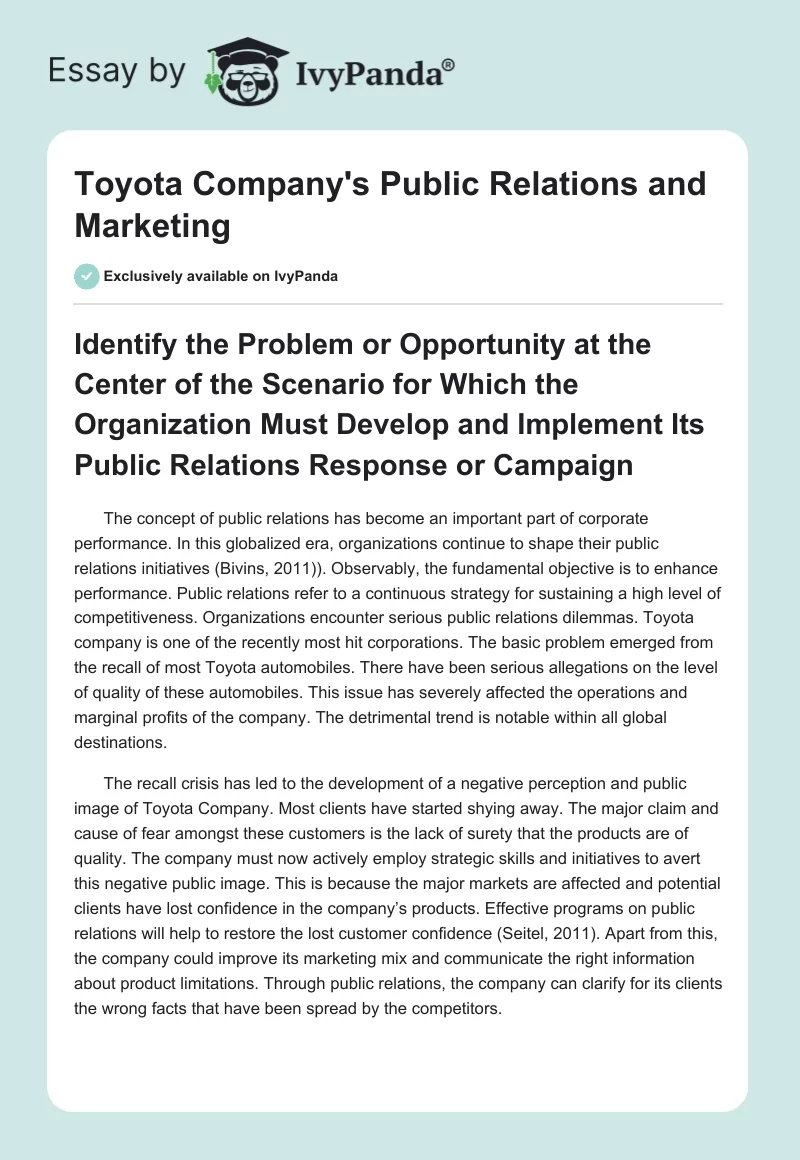 Toyota Company's Public Relations and Marketing. Page 1