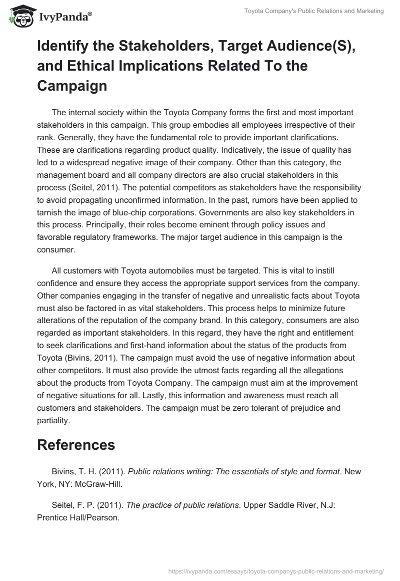 Toyota Company's Public Relations and Marketing. Page 2