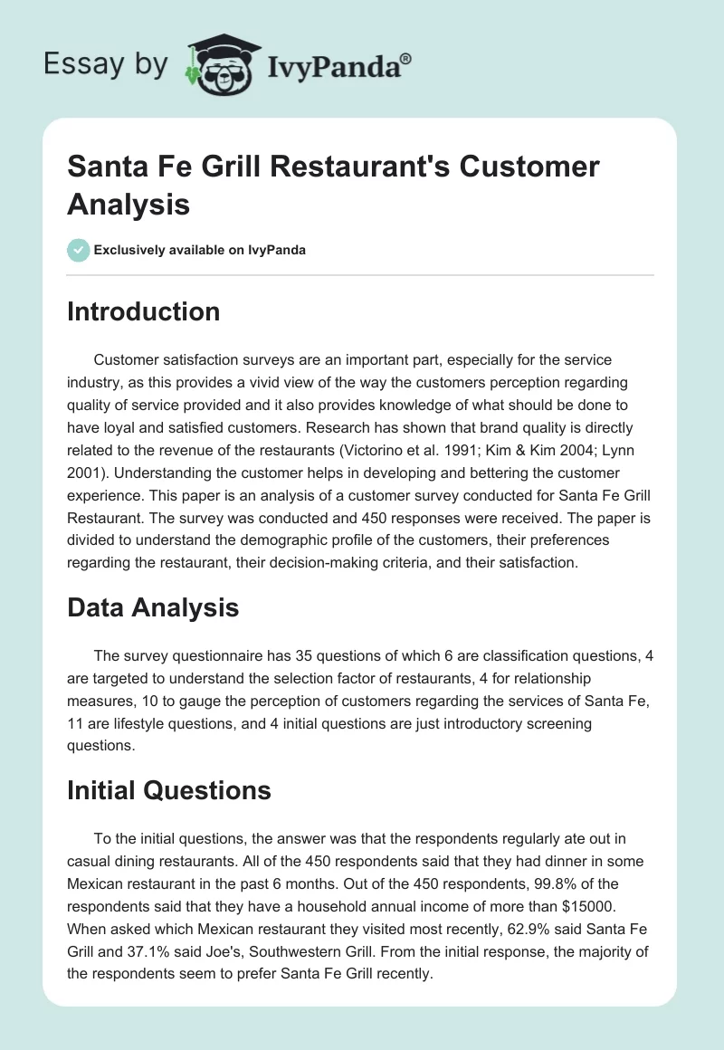 Santa Fe Grill Restaurant's Customer Analysis. Page 1