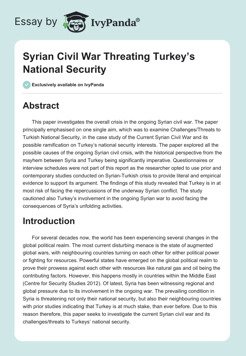 Syrian Civil War Threating Turkey’s National Security. Page 1