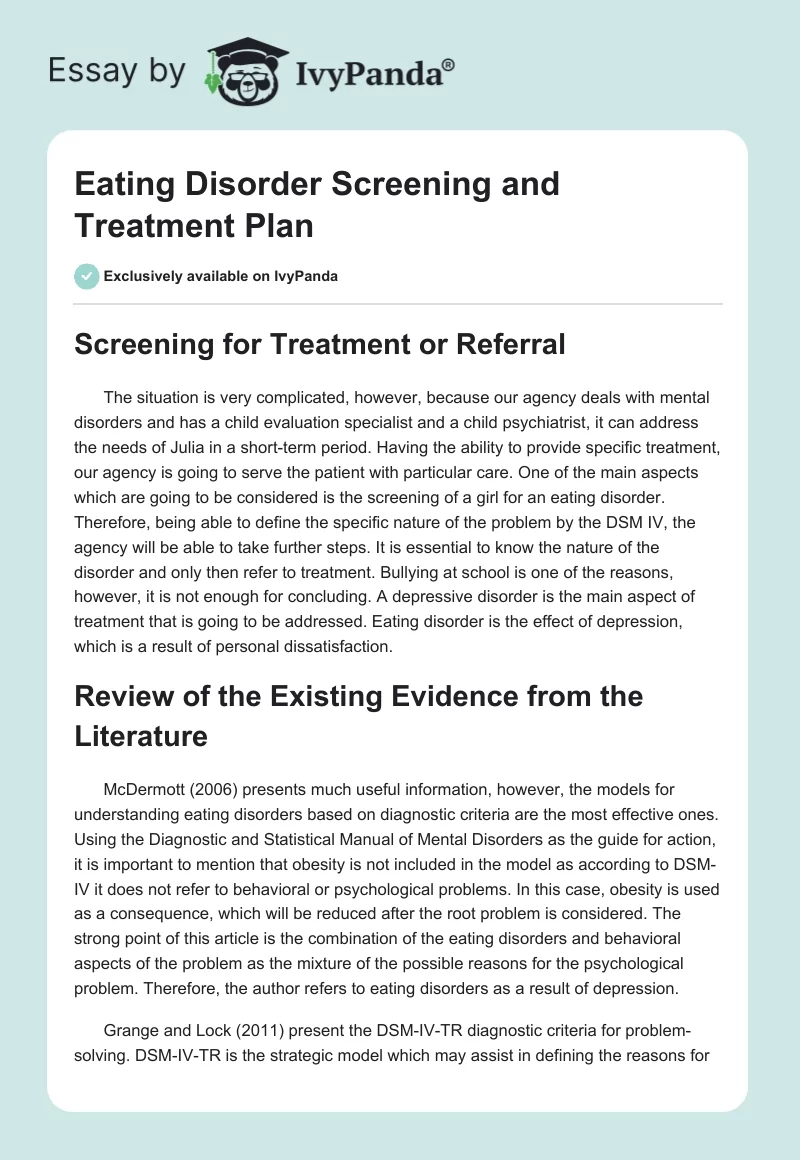 Eating Disorder Screening and Treatment Plan. Page 1