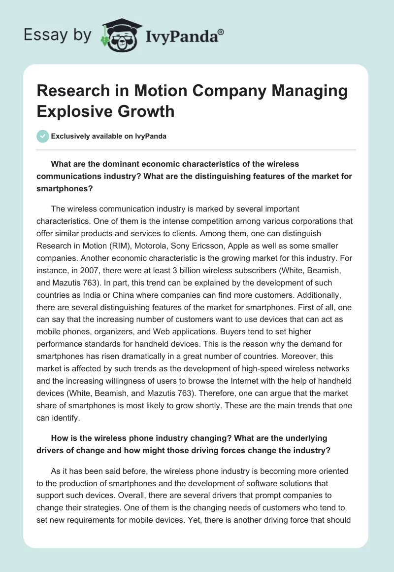 Research in Motion Company Managing Explosive Growth. Page 1