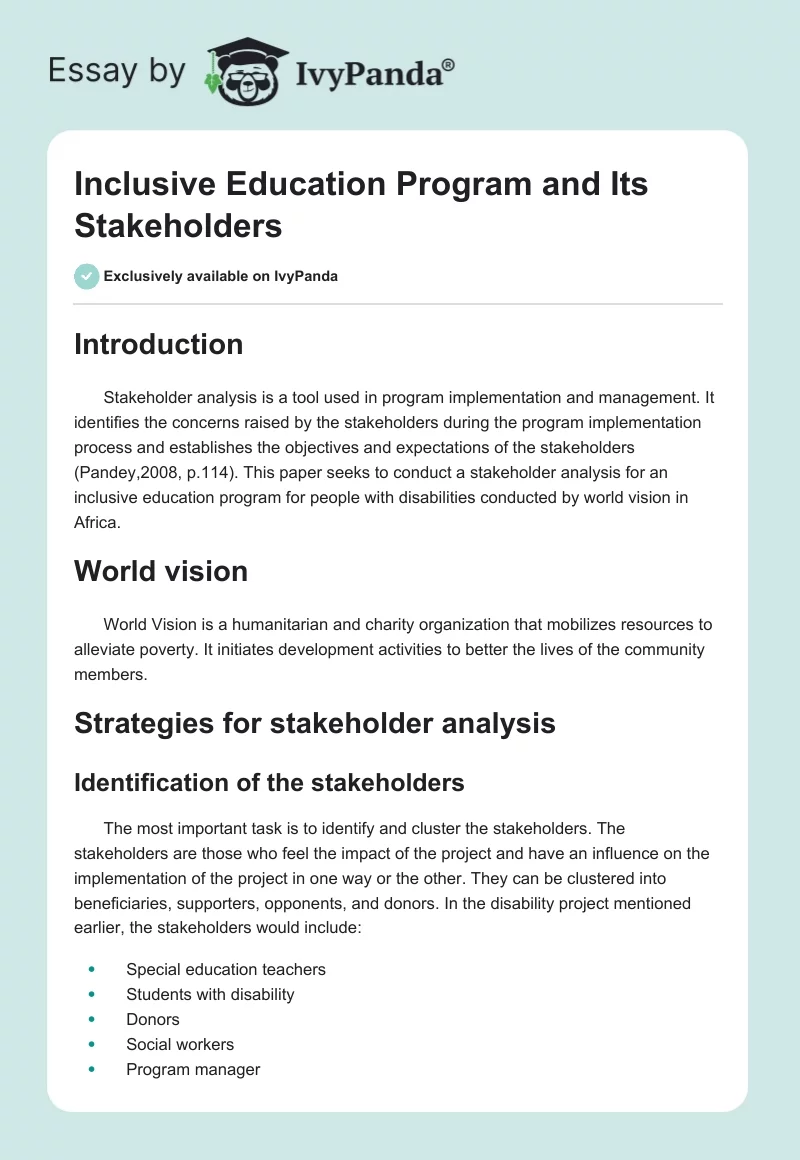 Inclusive Education Program and Its Stakeholders. Page 1