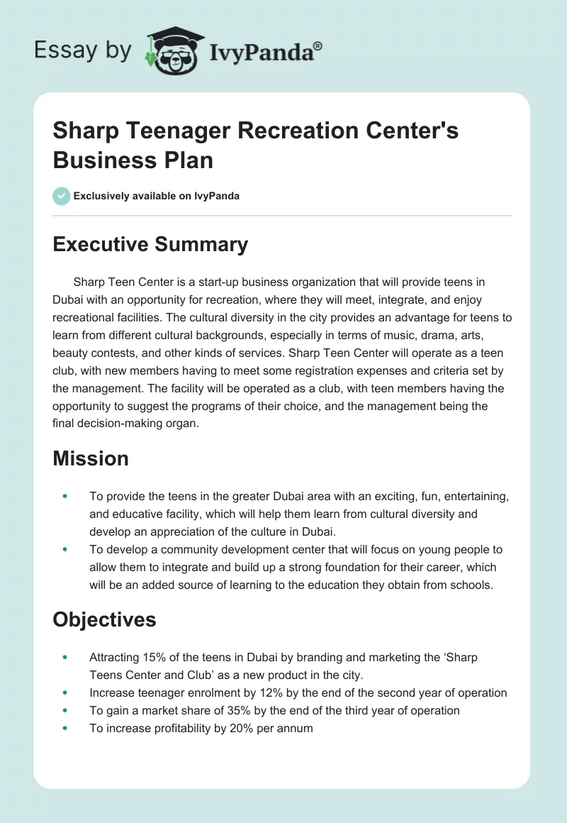 Sharp Teenager Recreation Center's Business Plan. Page 1