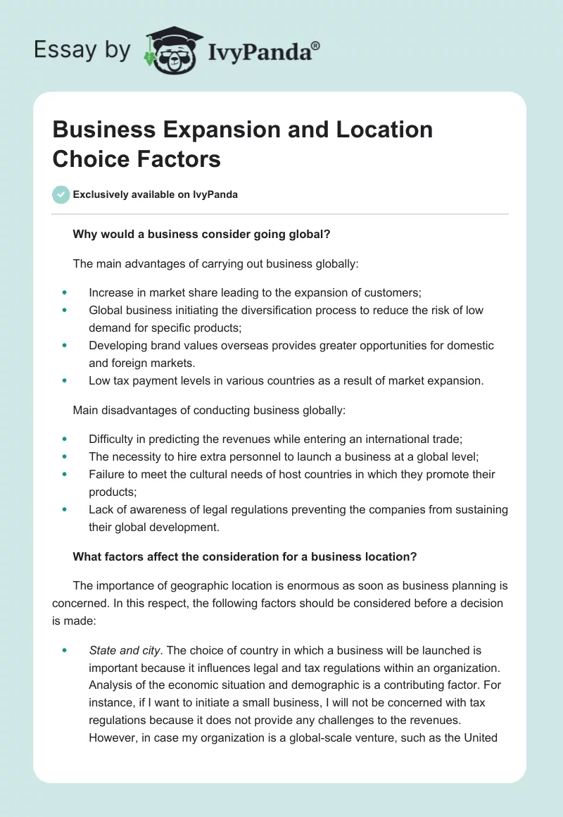 Business Expansion and Location Choice Factors. Page 1