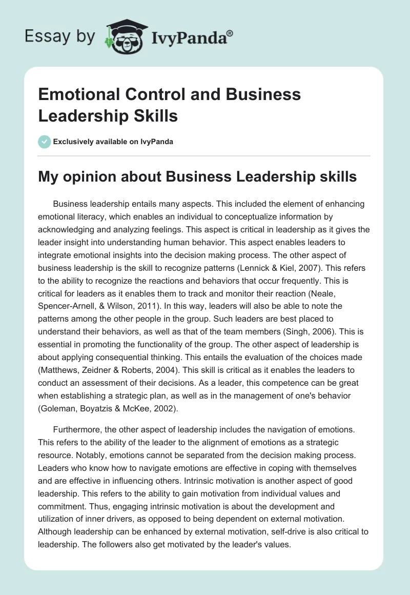 Emotional Control and Business Leadership Skills. Page 1