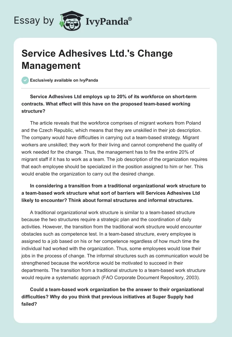 Service Adhesives Ltd.'s Change Management. Page 1