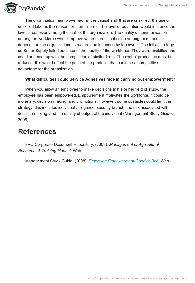 Service Adhesives Ltd.'s Change Management. Page 2
