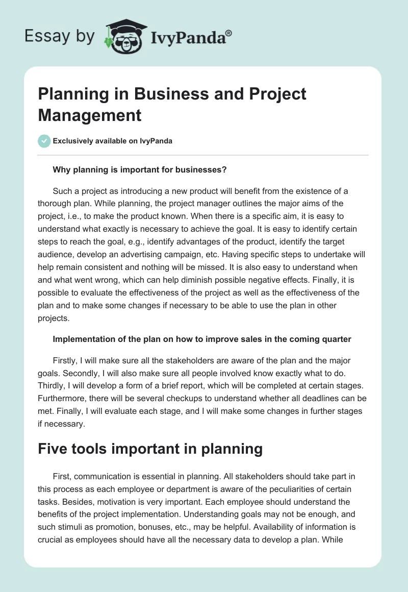 Planning in Business and Project Management. Page 1