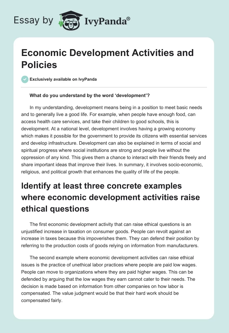 Understanding Development: Ethical Dimensions and Policy Implications. Page 1