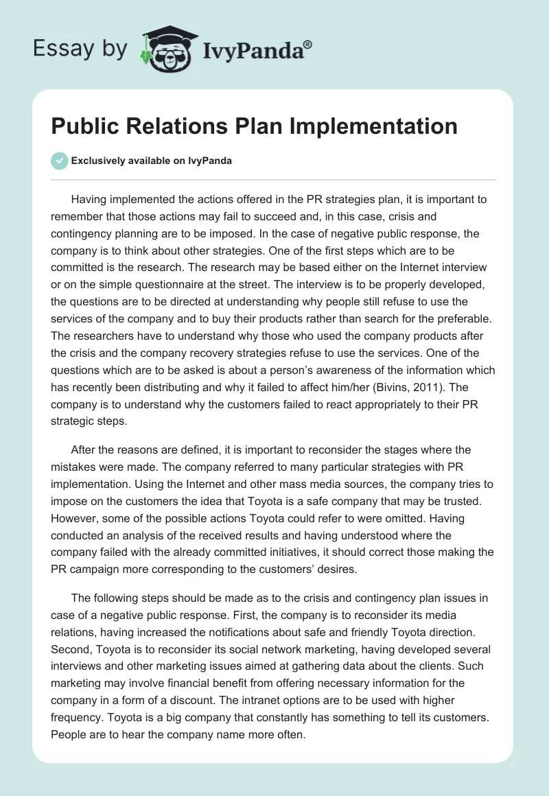 Public Relations Plan Implementation. Page 1