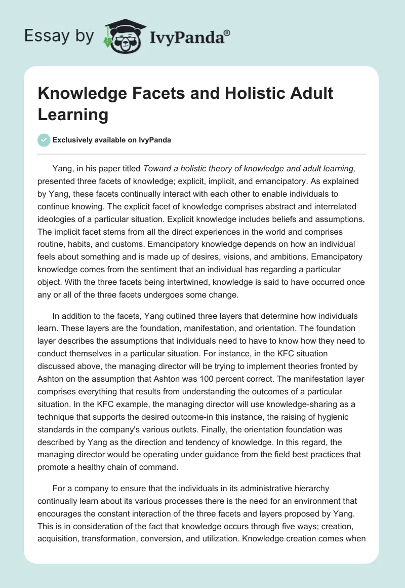 Knowledge Facets and Holistic Adult Learning. Page 1