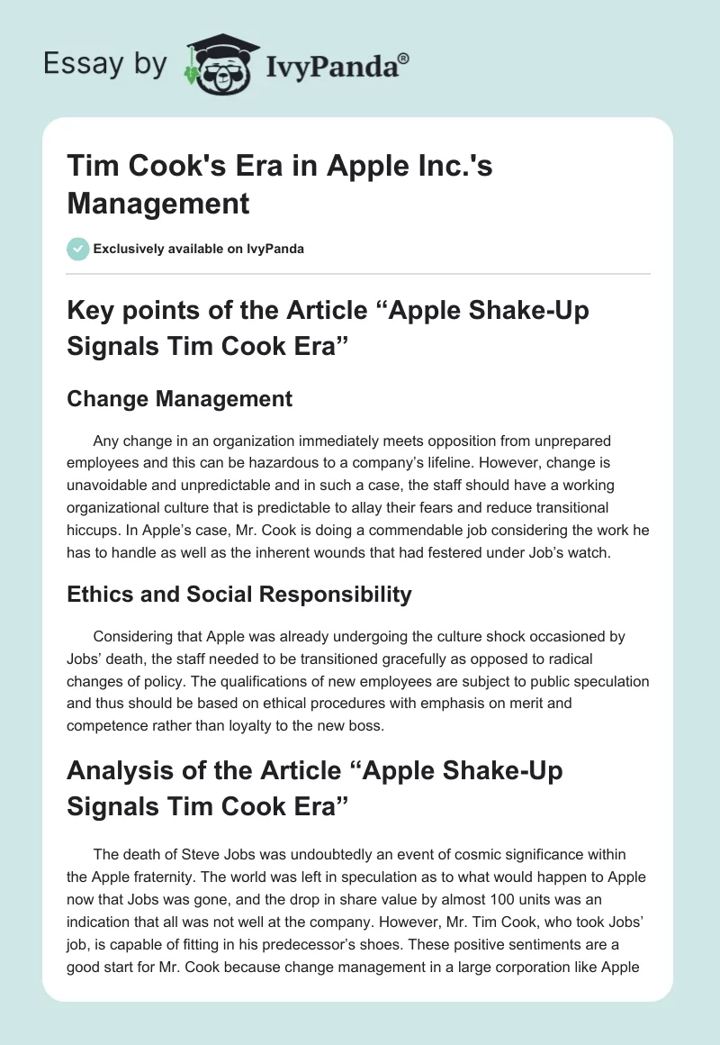 Tim Cook's Era in Apple Inc.'s Management. Page 1