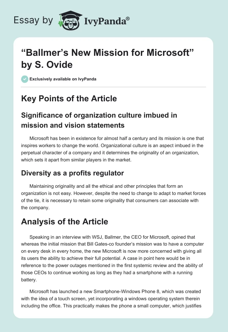 “Ballmer’s New Mission for Microsoft” by S. Ovide. Page 1