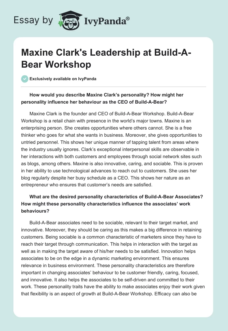 Maxine Clark's Leadership at Build-A-Bear Workshop. Page 1