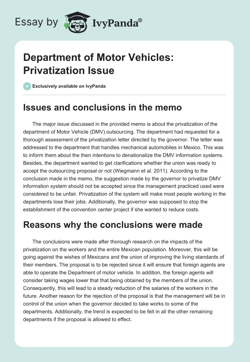 Department of Motor Vehicles: Privatization Issue. Page 1