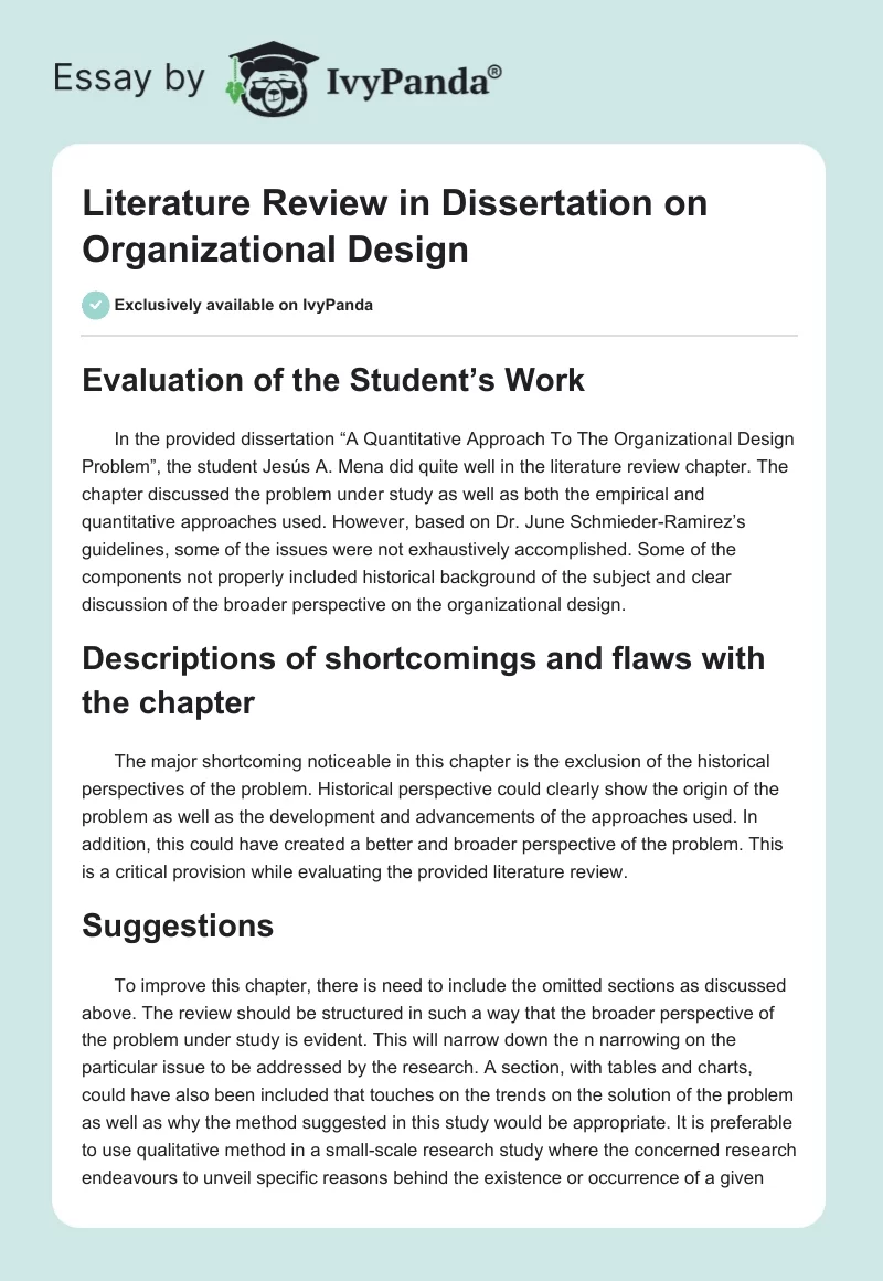 Literature Review in Dissertation on Organizational Design. Page 1