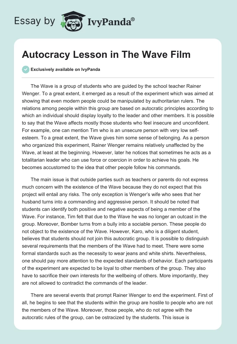 Autocracy Lesson in "The Wave" Film. Page 1