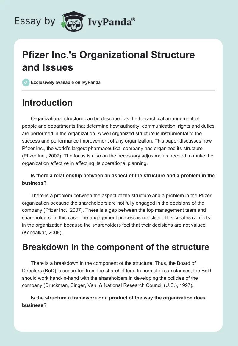 Pfizer Inc.'s Organizational Structure and Issues. Page 1