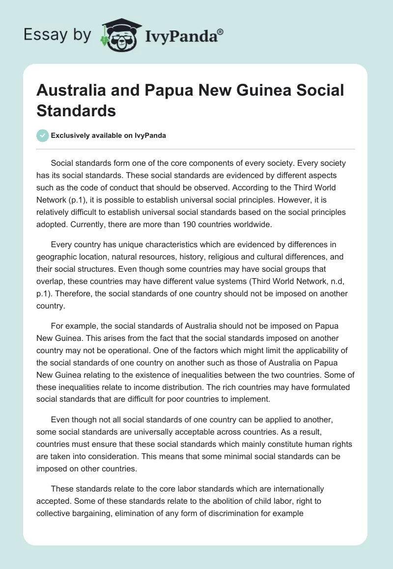 Australia and Papua New Guinea Social Standards. Page 1