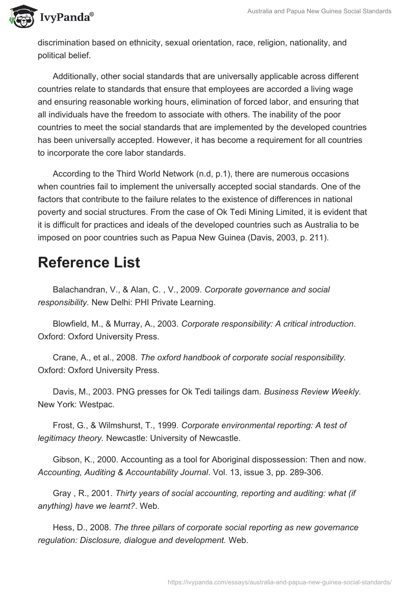 Australia and Papua New Guinea Social Standards. Page 2
