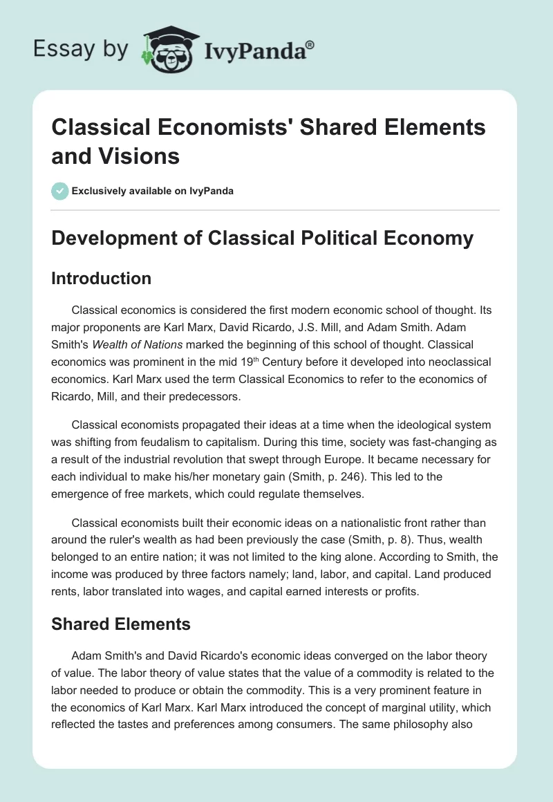 Classical Economists' Shared Elements and Visions. Page 1
