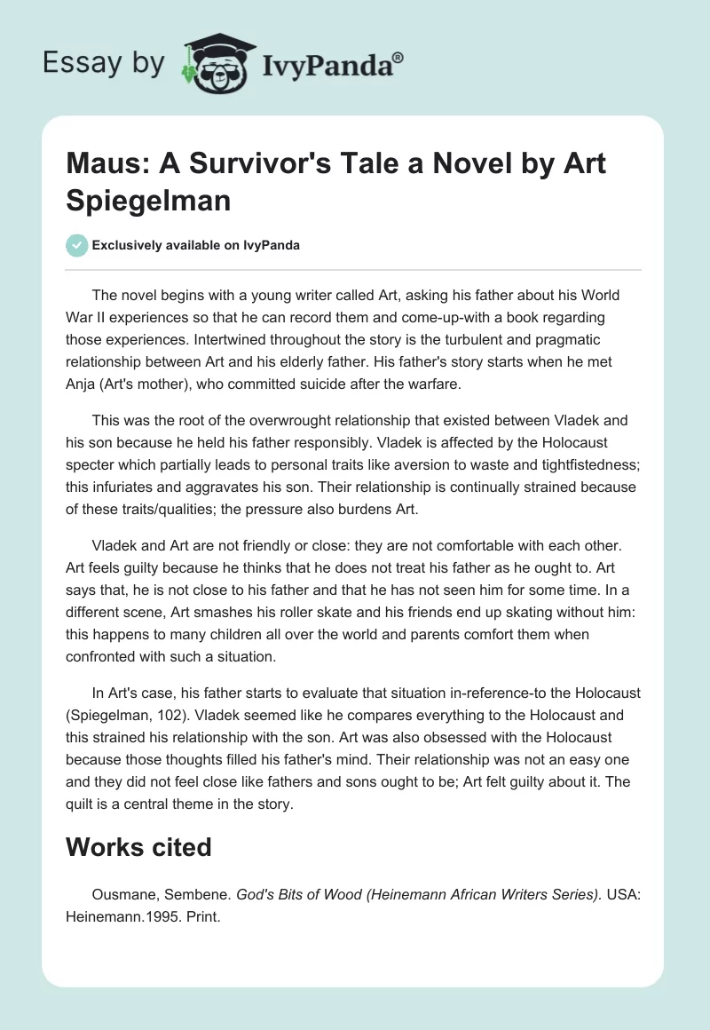 "Maus: A Survivor's Tale" a Novel by Art Spiegelman. Page 1