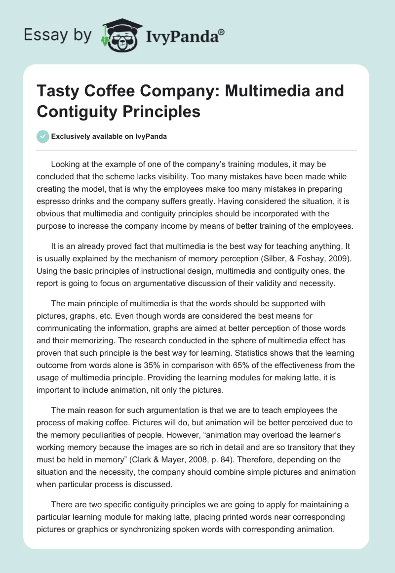 Tasty Coffee Company: Multimedia and Contiguity Principles. Page 1