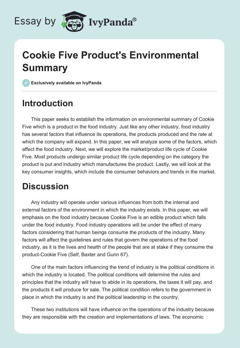 Cookie Five Product's Environmental Summary. Page 1