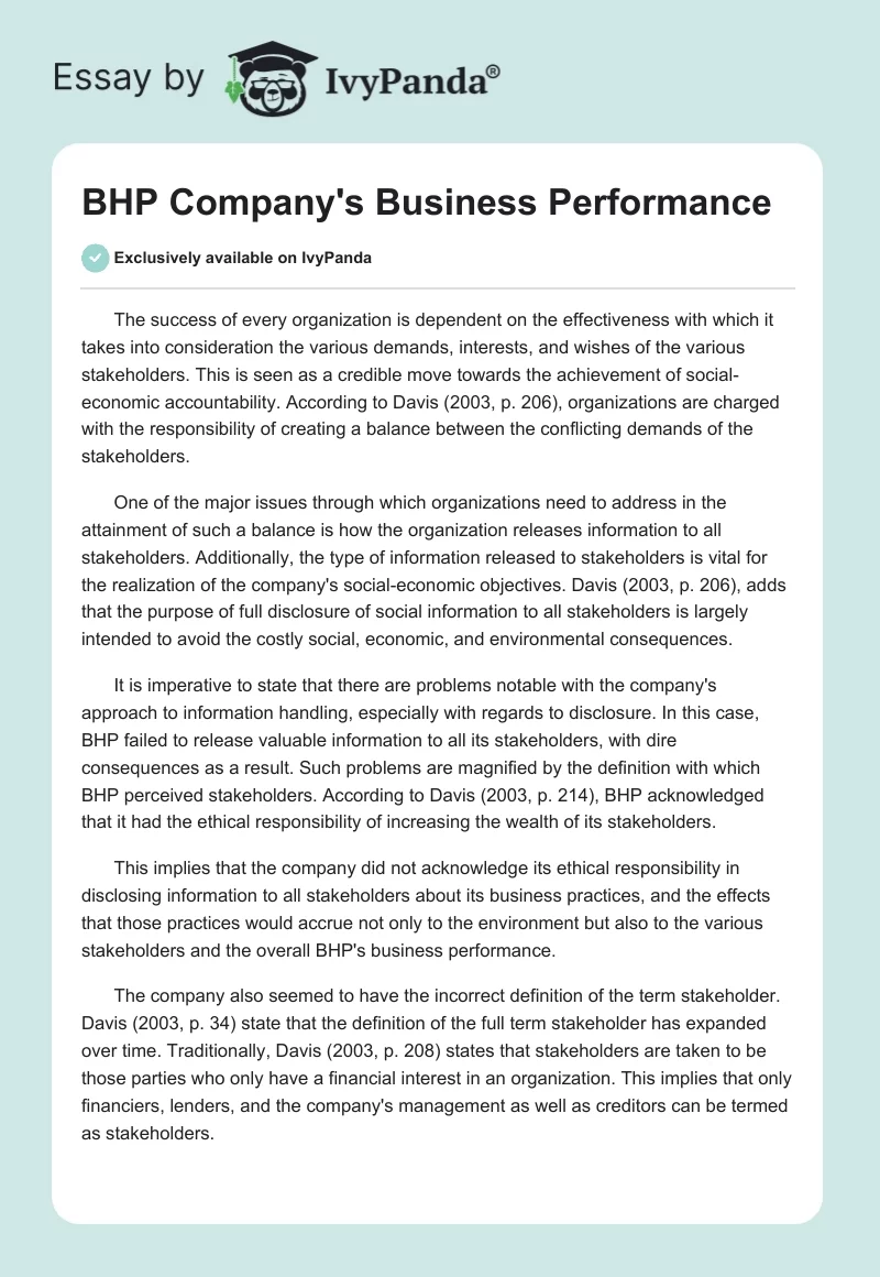 BHP Company's Business Performance. Page 1