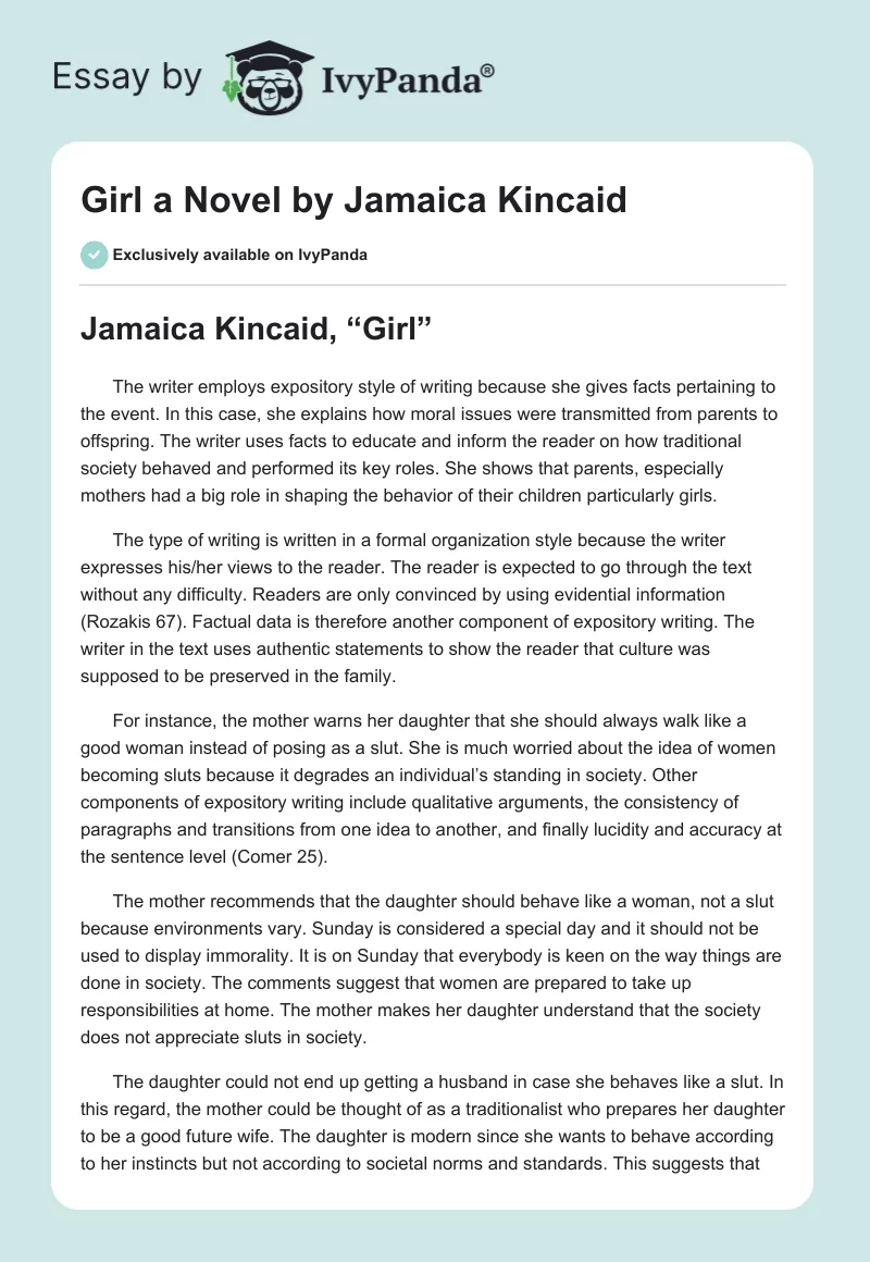 "Girl" a Novel by Jamaica Kincaid. Page 1