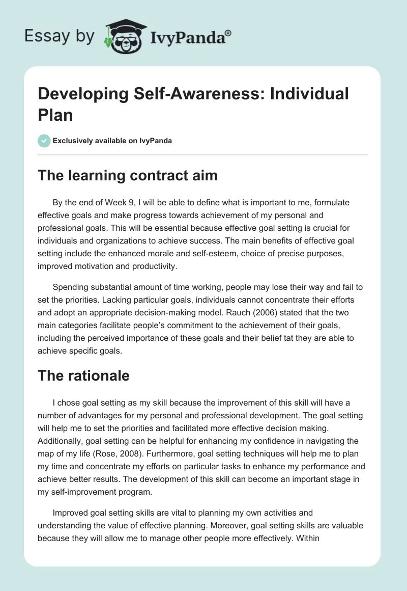 Developing Self-Awareness: Individual Plan. Page 1