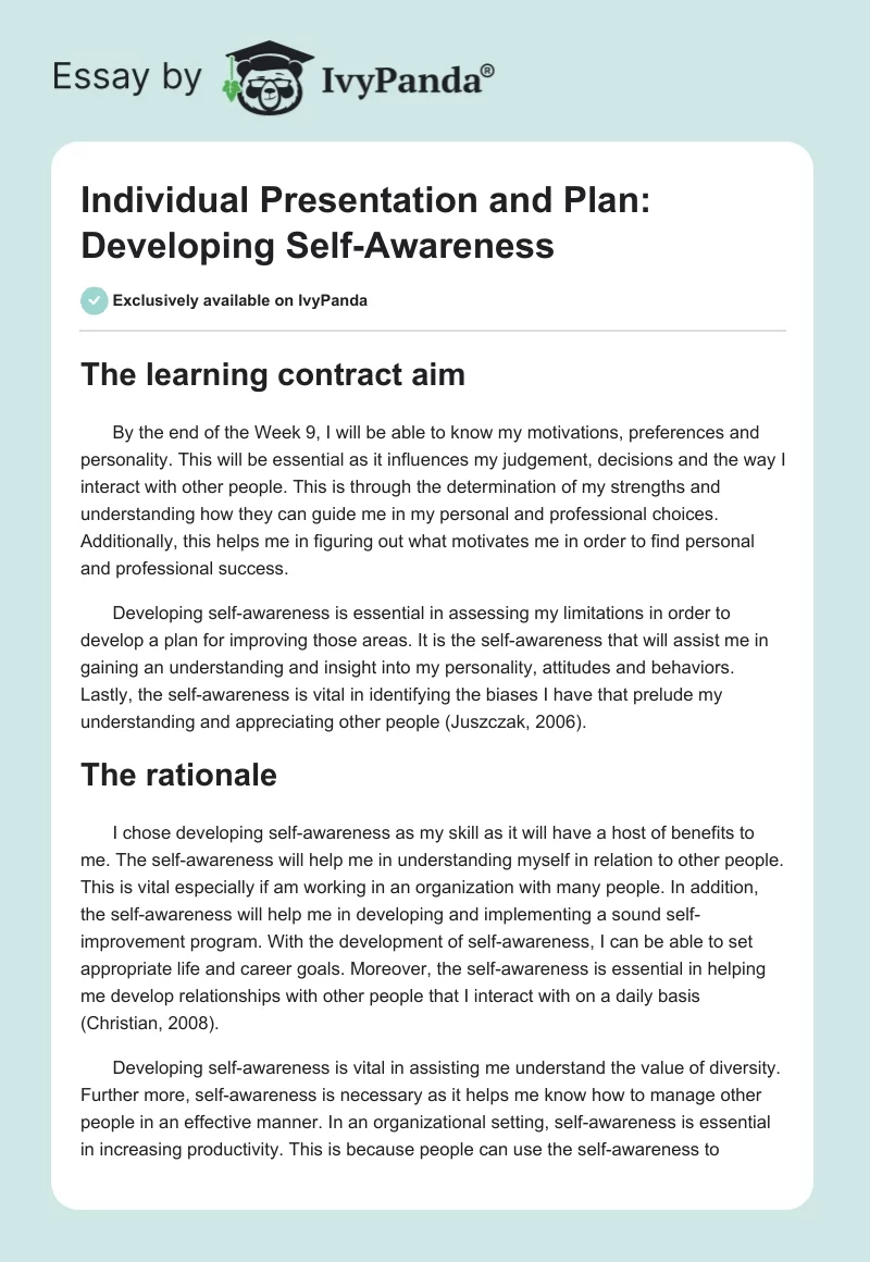Individual Presentation and Plan: Developing Self-Awareness. Page 1