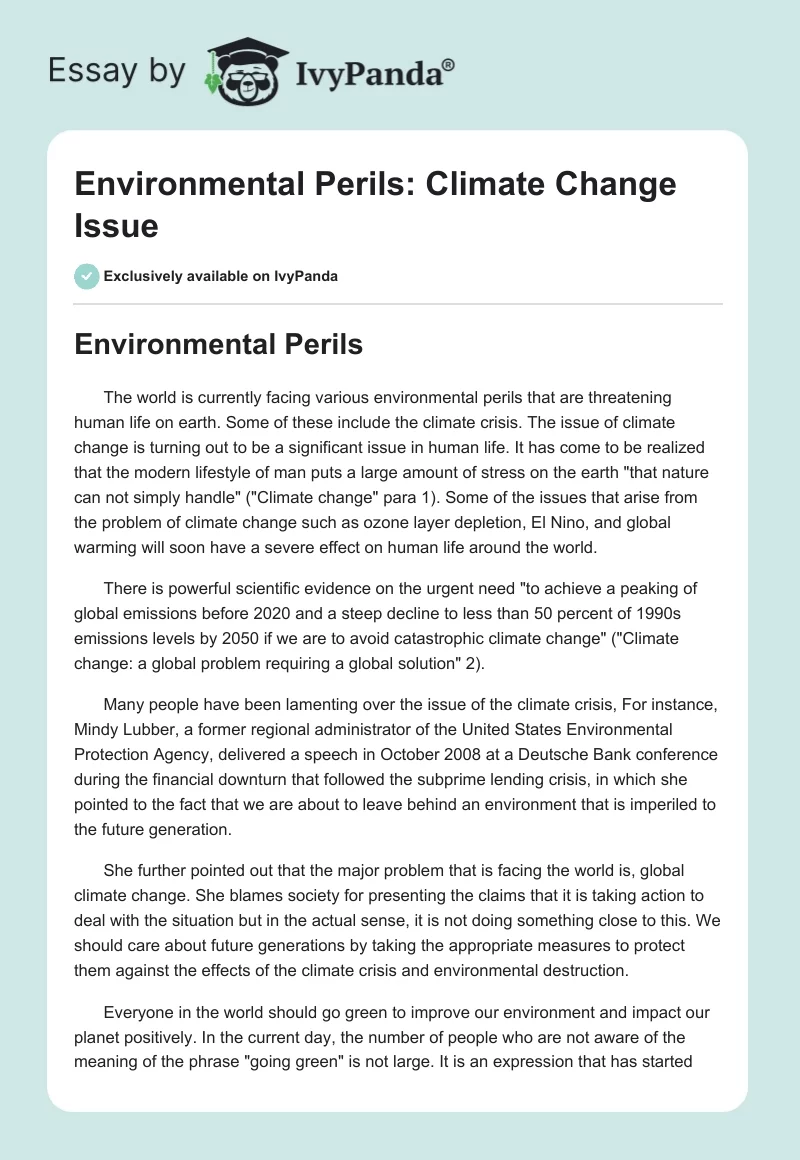 Environmental Perils: Climate Change Issue. Page 1