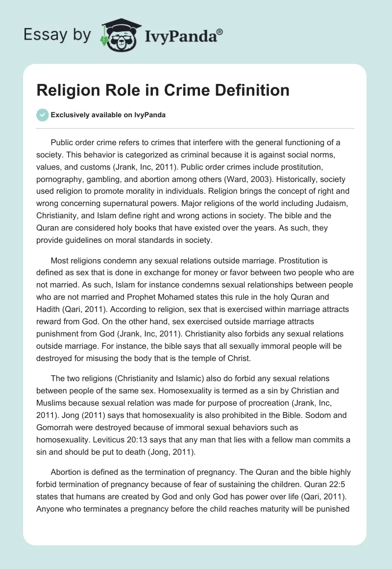 Religion Role in Crime Definition. Page 1