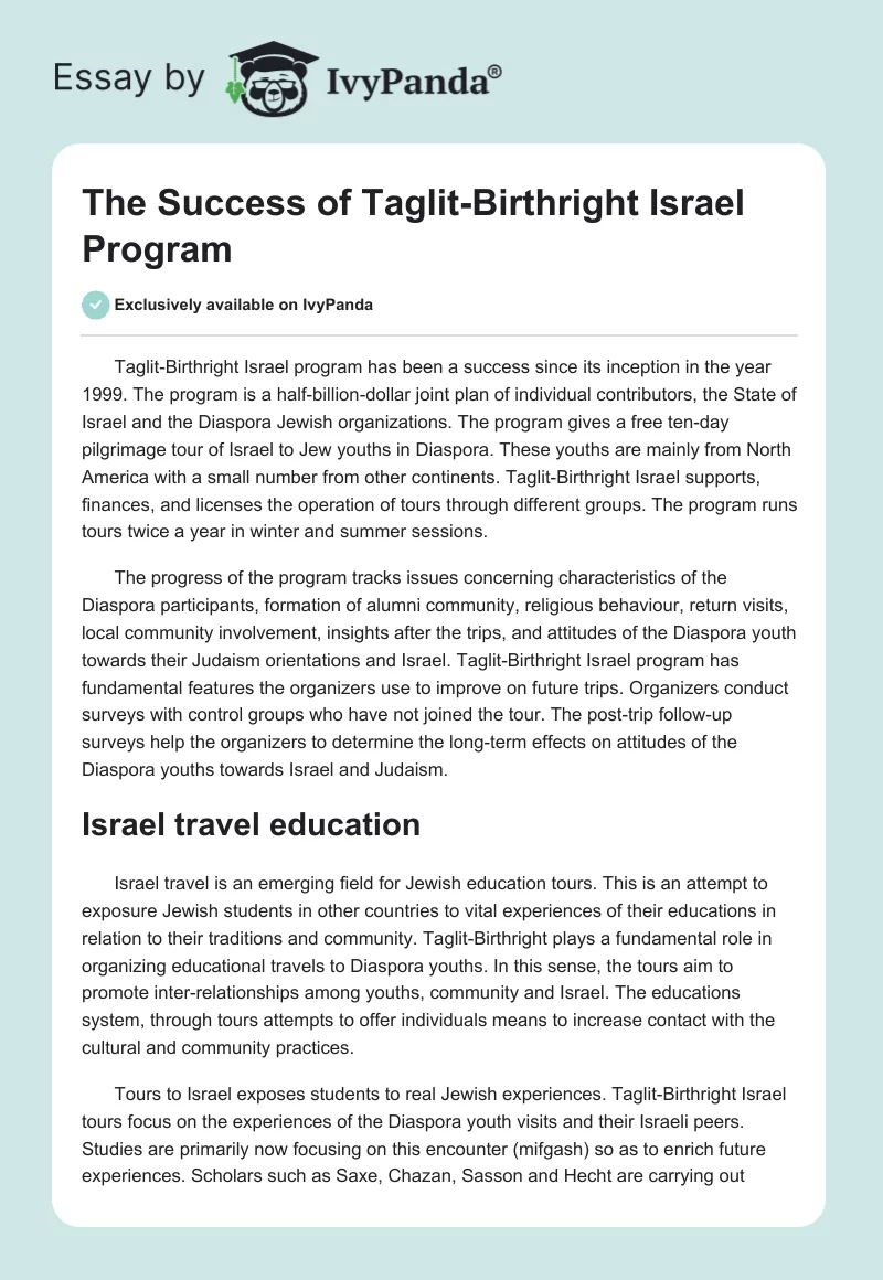 The Success of Taglit-Birthright Israel Program. Page 1