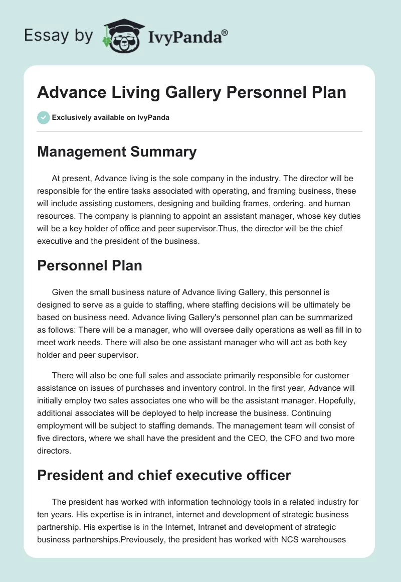 Advance Living Gallery Personnel Plan. Page 1