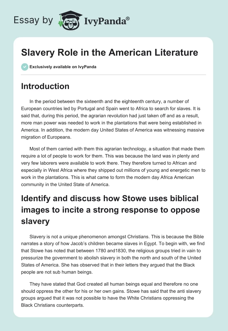 Slavery Role in the American Literature. Page 1