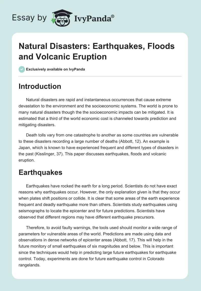 Natural Disasters: Earthquakes, Floods and Volcanic Eruption. Page 1